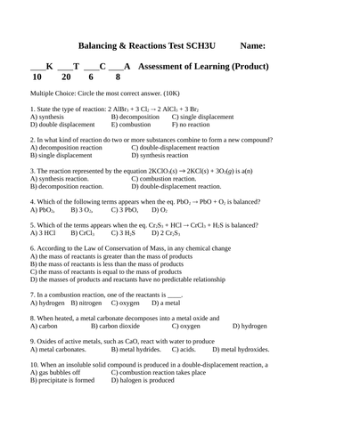 CHEMICAL REACTIONS TEST & Balancing Equations Grade 11 Chemistry WITH ANSWER #13