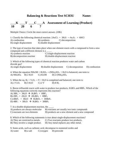 CHEMISTRY REACTIONS TEST and Balancing Chemical  Equations Test WITH ANSWERS #14