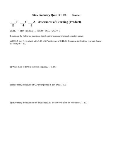 STOICHIOMETRY CHEMISTRY QUIZ Grade 11 Chemistry Theoretical Yield WITH ANSWERS #13