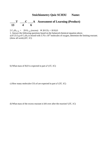 STOICHIOMETRY QUIZ SCH3U Grade 11 Chemistry Theoretical Yield Quiz WITH ANSWERS #14