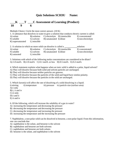 SOLUTIONS, DISSOLVING, CONCENTRATIONS QUIZ SCH3U Chemistry Quiz WITH ANSWERS #13