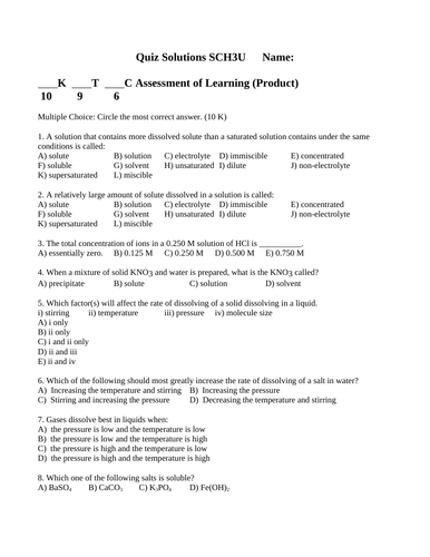 CHEMISTRY SOLUTIONS QUIZ Calculating Concentrations SCH3U Quiz WITH ANSWERS #14