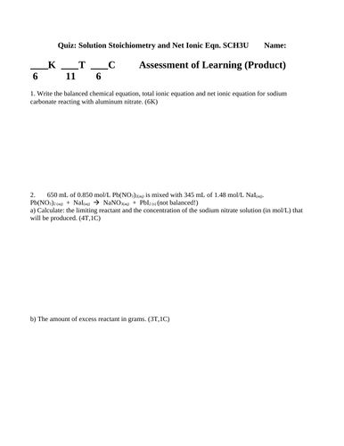 SOLUTION STOICHIOMETRY CHEMISTRY QUIZ & Net Ionic Equation Quiz WITH ANSWERS #14