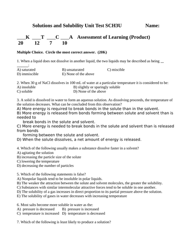 SOLUTIONS AND SOLUBILITY UNIT TEST Grade 11 Chemistry SCH3U WITH ANSWERS #13