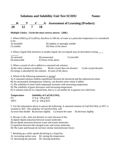 CHEMISTRY TEST Solutions and Solubility Test Solutions Unit Test WITH ANSWERS #14
