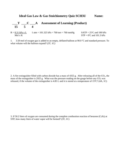 GAS STOICHIOMETRY and IDEAL GAS LAW QUIZ Grade 11 Chemistry Quiz WITH ANWERS #13