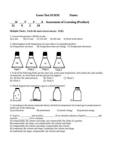 CHEMISTRY UNIT TEST GASES Grade 11 Chemistry Gases Test WITH ANSWERS SCH3U #14