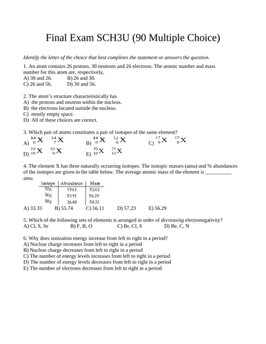 90 M.C. CHEMISTRY FINAL EXAM SCH3U Grade 11 Chemistry Exam WITH ANSWERS #13