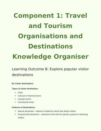 BTEC Tech 2022 Travel and Tourism Component 1 Learning Outcome B Knowledge Organiser