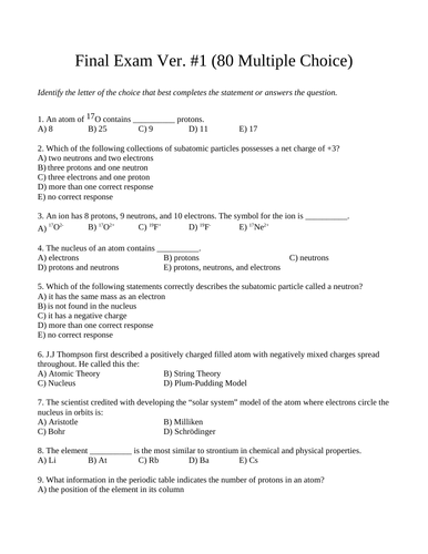 SCIENCE FINAL EXAM Grade 9 Science Exam WITH ANSWERS #1 Chem Bio Physics & Space