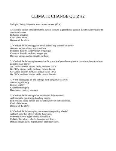 CLIMATE CHANGE QUIZ WITH ANSWERS Global Warming Quiz Greenhouse Effect ...