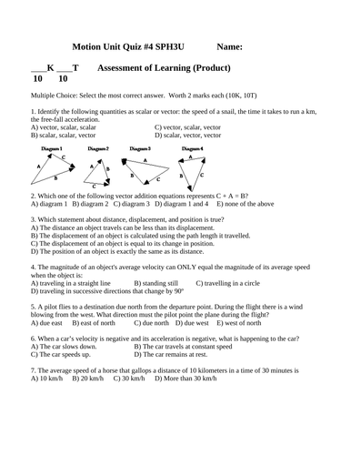 MOTION UNIT QUIZ WITH ANSWERS Kinematics Physics Quiz V=d/t UALM Projectiles #16