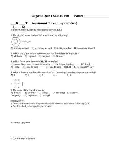 NAMING & DRAWING ORGANIC COMPOUNDS Quiz Organic Naming Quiz SCH4U WITH ANSWERS #10