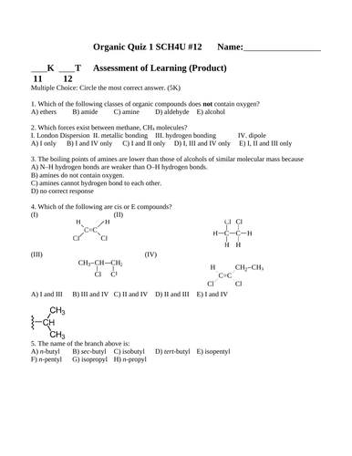 QUIZ ORGANIC FUNCTIONAL GROUPS Naming, Drawing & Properties WITH ANSWERS #12