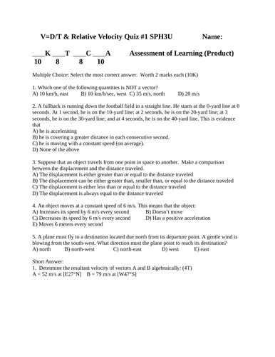 RELATIVE VELOCITY QUIZ Resultant Velocity Physics Quiz WITH ANSWERS SPH3U #13