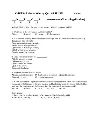 RELATIVE VELOCITY, V=D/T & VECTORS QUIZ Grade 11 Physics Quiz WITH ANSWERS #16