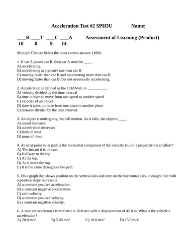 PHYSICS ACCELERATION TEST WITH ANSWERS Linear Acceleration UALM Projectiles #14