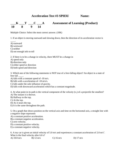 ACCELERATION PHYSICS TEST W ANSWERS Projectile Motion & Uniformly Accelerated Linear Motion Test #15