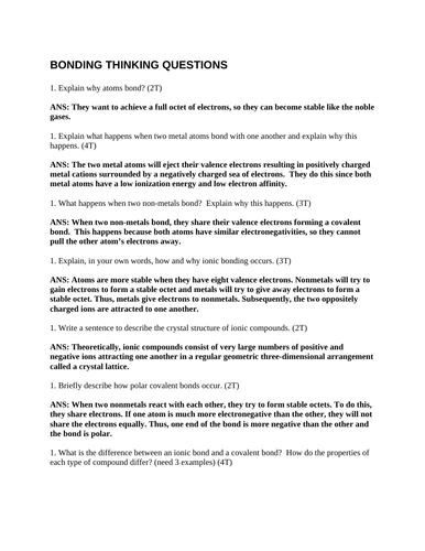 COVALENT & IONIC COMPOUNDS (BONDING, PROPERTIES) Short Answer Grade 11 Chemistry