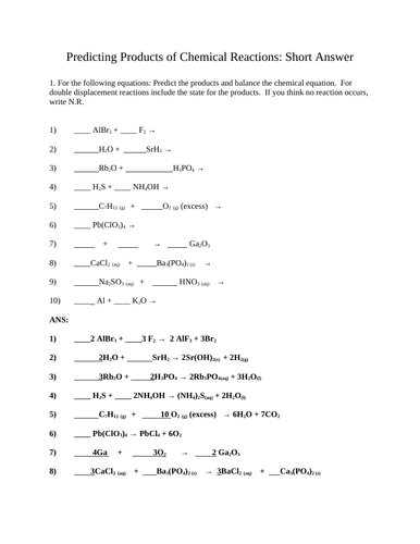 PREDICTING PRODUCTS OF CHEMICAL REACTIONS Power Point and Short Answer ...