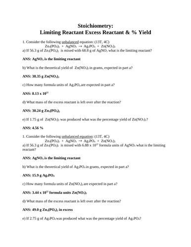 STOICHIOMETRY, THEORETICAL YIELD and % YIELD Short Answer Grade 11 Chemistry WITH ANSWERS (9PG)