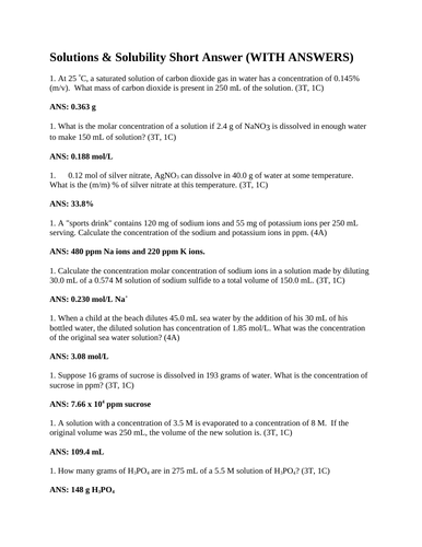 SOLUTIONS & SOLUBILITY Short Answer Grade 11 Chemistry Molarity Concentrations WITH ANSWERS (14PG)