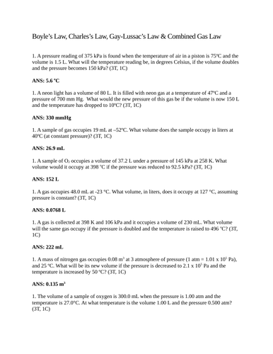 COMBINED GAS LAW Boyles Law, Charles Gay-Lussacs Short Answer Grade 11 Chemistry WITH ANSWERS (12PG)