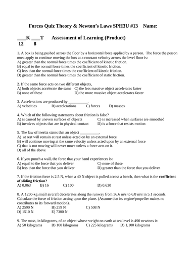 FORCES PHYSICS QUIZ (Newtons laws, Friction, Weight, Net Force) WITH ANSWERS #13