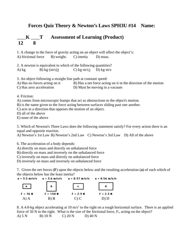 DYNAMICS PHYSICS QUIZ Weight Friction Newton's 3 laws Net Force WITH ANSWERS #14