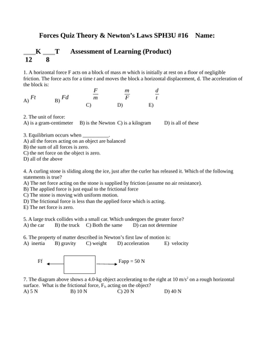 PHYSICS FORCES QUIZ Friction Weight Newtons 1st 2nd & 3rd laws WITH ANSWERS #16