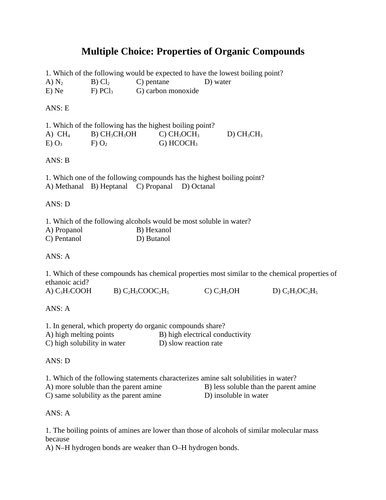 PROPERTIES OF ORGANIC COMPOUNDS Grade 12 Chemistry Multiple Choice M.P. B.P. Solubility WITH ANSWERS