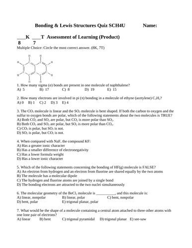 COVALENT BONDING & LEWIS STRUCTURES QUIZ Molecule Shapes VSEPR Bond Angles WITH ANSWERS #12