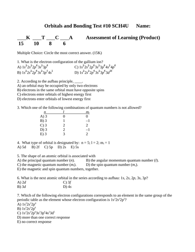 ORBITALS & COVALENT BONDING TEST WITH ANSWERS Bonding Chemistry Test SCH4U #10