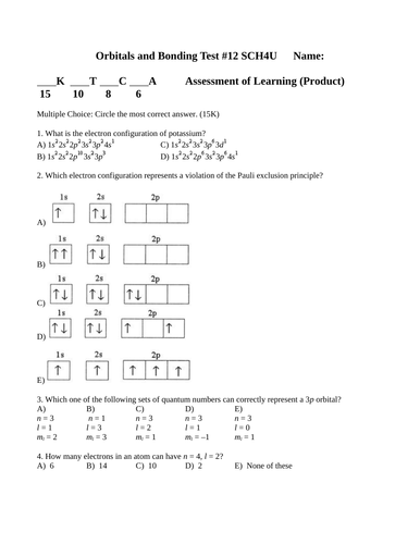 COVALENT BONDING UNIT TEST WITH ANSWERS Sigma & Pi Bonds Quantum #s Orbitals #12