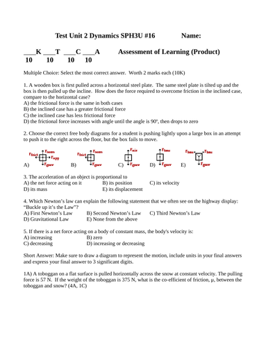 DYNAMICS PHYSICS UNIT TEST Grade 11 Forces Physics Test WITH ANSWERS SPH3U #16