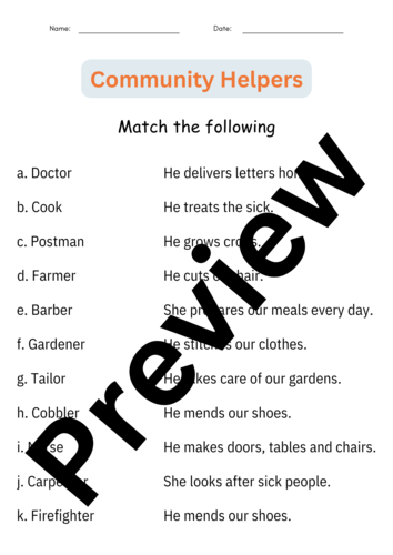 Printable Matching Community Helpers Activities Worksheets for Grade 1 ...