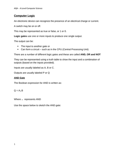 AQA - A Level Computer Science - Logic - AND, OR and NOT | Teaching ...