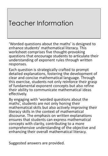 Worded Questions about the Maths - Index Laws