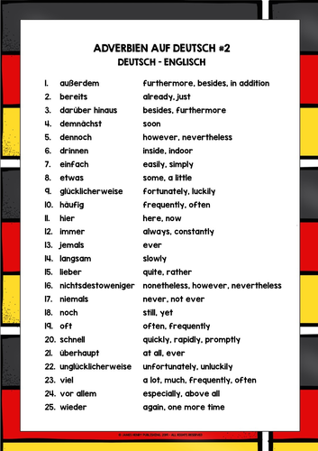 GERMAN ADVERBS LIST FREEBIE #2 | Teaching Resources