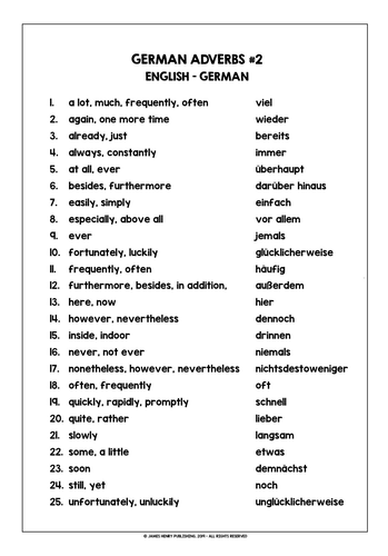 GERMAN ADVERBS LIST FREEBIE #2 | Teaching Resources