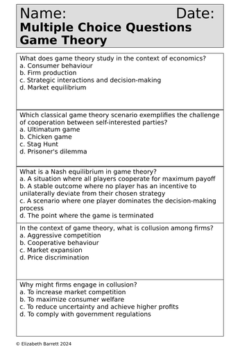 A Level Economics - Question Worksheets - Theme 3.4 - Game Theory ...
