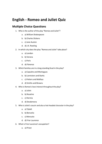 Romeo and Juliet Multiple Choice Assessment