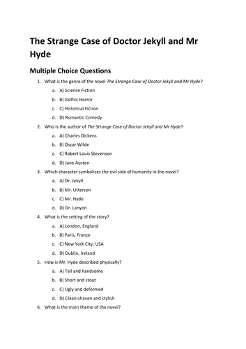 The Strange Case of Doctor Jekyll and Mr Hyde Multiple Choice Assessment