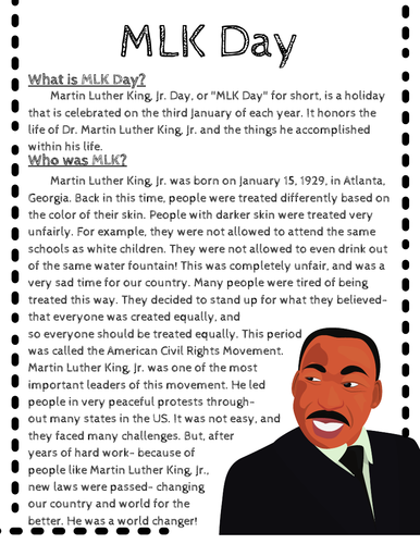 MLK Day Worksheet (Reading Passage & Comprehension Questions ...