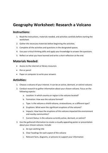 Geography Worksheet: Research a Volcano | Teaching Resources