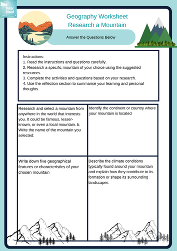 Geography Worksheet - Research a Mountain