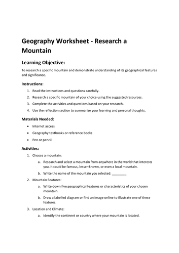 Geography Worksheet - Research a Mountain