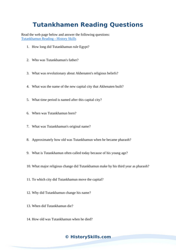 Tutankhamen Reading Questions Worksheet | Teaching Resources