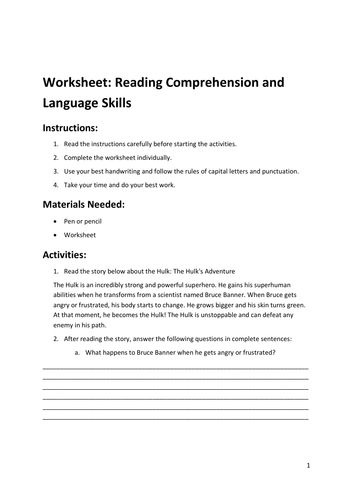 Worksheet: Reading Comprehension and Language Skills | Teaching Resources