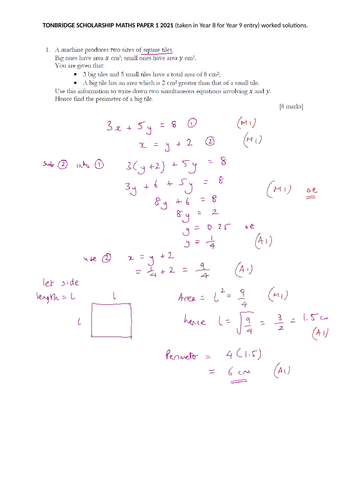 MODEL ANSWERS: TONBRIDGE SCHOOL Maths Scholarship Paper 1 (Year 8 for Year 9 entry) Q1-5